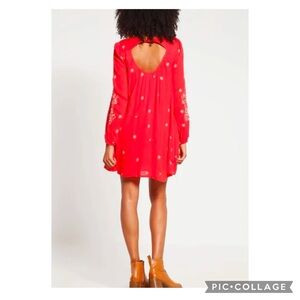 🎊HP🎊 Free People Sweet Tennessee Embroidered Mini Red dress Tan Embroidery XS